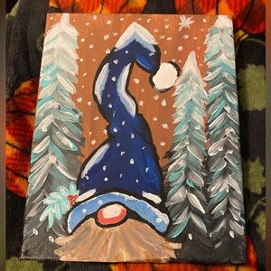 Hand painted blue hat Gnome and trees on an 8x10 stretched canvas.